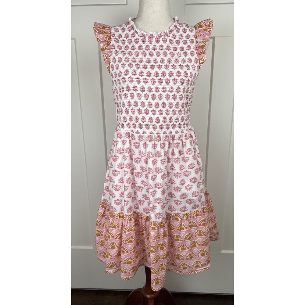 J.Crew Block Print Smocked Dress M Pink Cotton Shell Print Ruffle Sleeve Lined